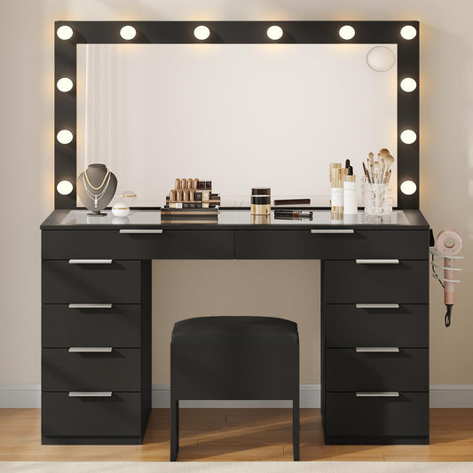 YITAHOME Makeup Vanity Desk with Large Mirror, 10-Drawer Vanity Set with Glass Tabletop & Charging Station, Modern Dressing Table with Storage Chair & 3-Color Brightness Adjustable Lighting, Ink Black