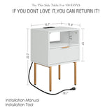 Masupu Nightstand with Charging Station,Mid-Century Modern Bedside Table with Storage Drawer and Open Wood Shelf,Small Gold Frame Side Table for Bedroom,Living Room (White) Masupu