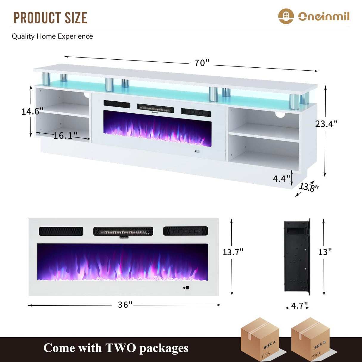 oneinmil Fireplace TV Stand with 36” Electric Fireplace, 70” 2 Tier TV Console Stand for TVs Up to 80", LED Light Entertainment Center, Fireplace for The Living Room TV Stand, White oneinmil