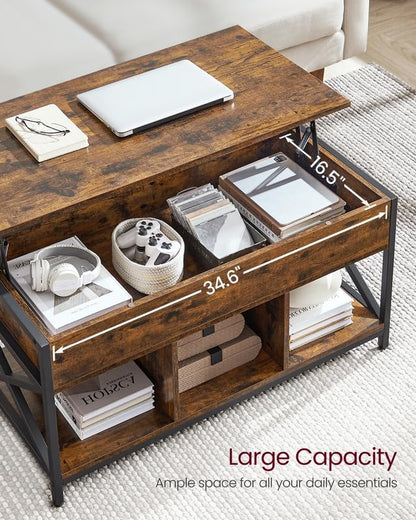 VASAGLE Lift Top Coffee Table with Storage Shelf and Hidden Compartments, 19.7 x 39.4 x (19.3-24.4) Inches, Rustic Brown and Black - WoodArtSupply