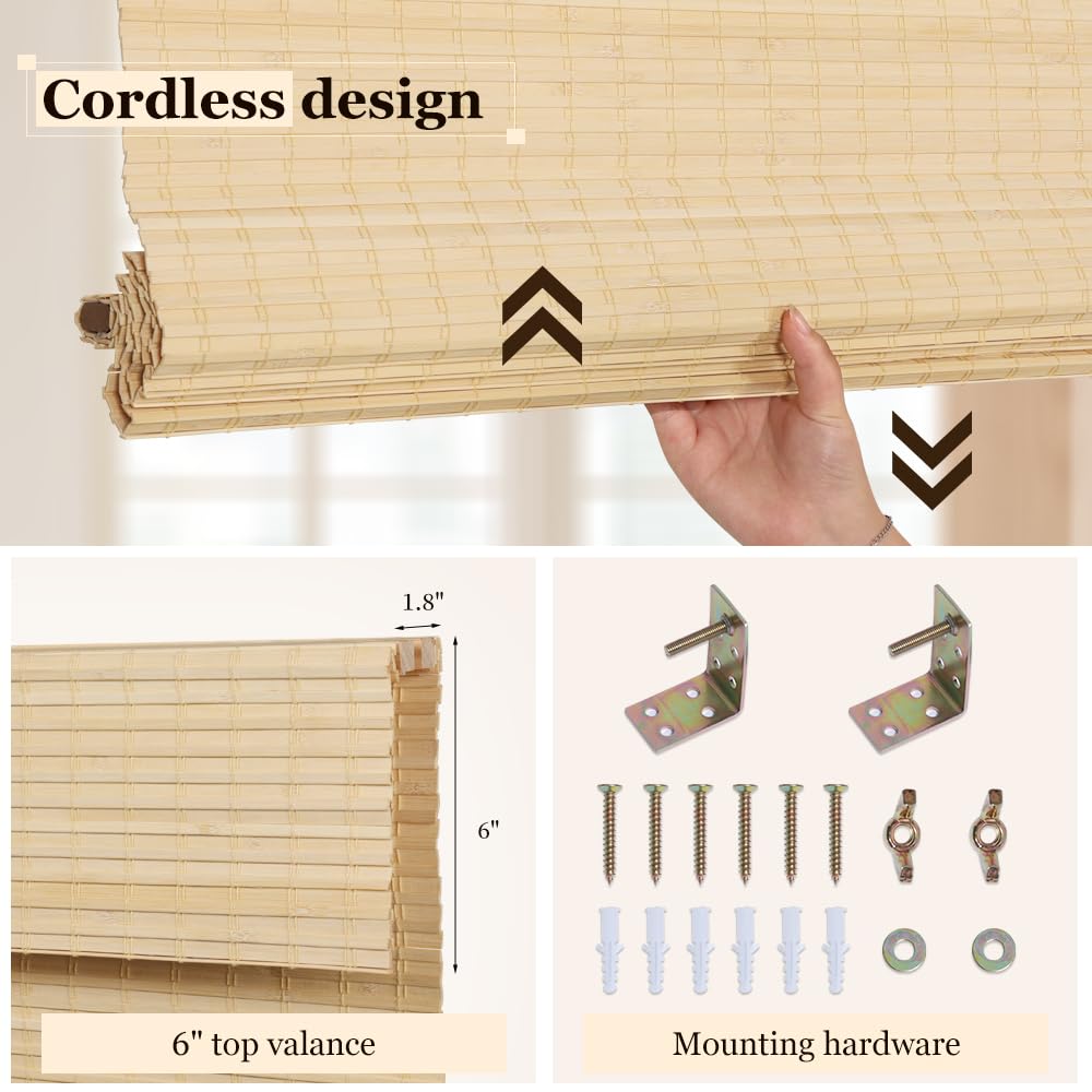 Cordless Bamboo Roman Blinds by LUCKUP - 100% Blackout Shades for Indoor Windows, 30" W x 64" H with Enhanced Privacy LUCKUP