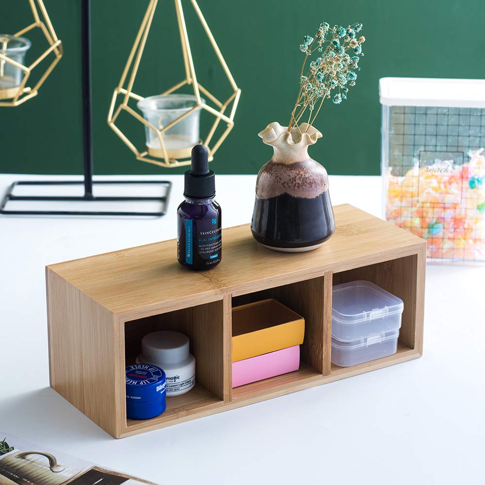 YOSCO Bamboo Wood Pens Pencils Holder Cup for Desk Remote Control Holder, Caddy,Organizer,Desktop Storage with 3 Compartments,Multiuse for Store TV Remotes,Game Console,Phones,Office Supplies (3 Grid) YOSCO