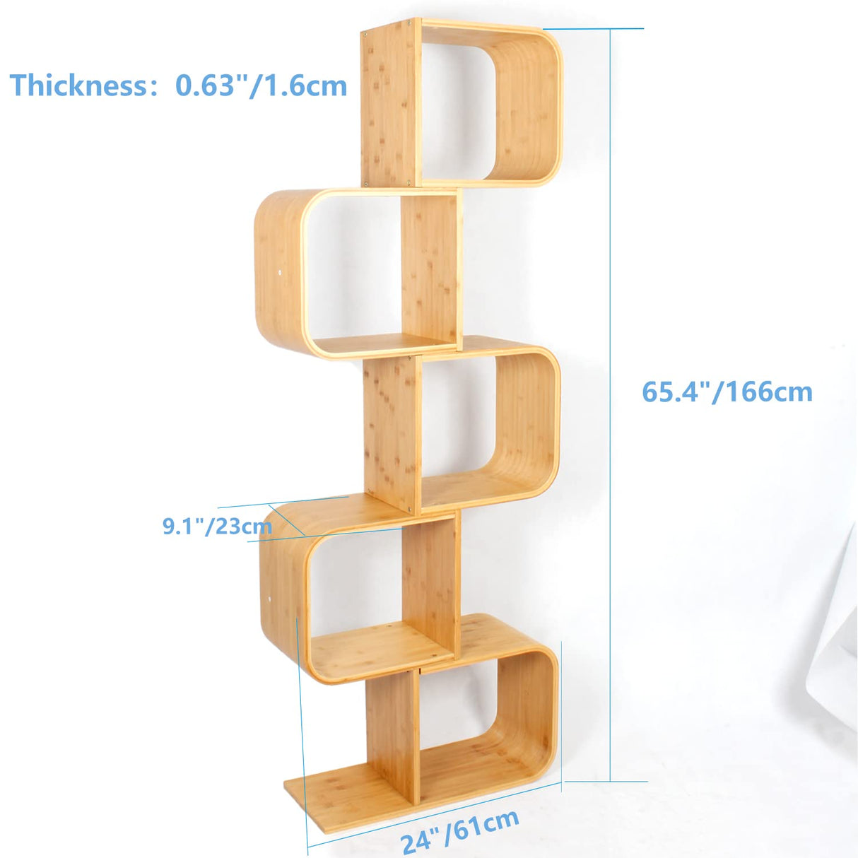 5-Tier S-Shaped Geometric Modern Bamboo Bookshelf, Large Capacity Creative Display Curved Rack Free-Standing Bedside Table 2 in 1 Bookcase Storage CDs, DVDs Book Shelf for Home, Office, Living Room briteman