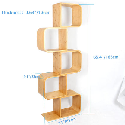 5-Tier S-Shaped Geometric Modern Bamboo Bookshelf, Large Capacity Creative Display Curved Rack Free-Standing Bedside Table 2 in 1 Bookcase Storage CDs, DVDs Book Shelf for Home, Office, Living Room