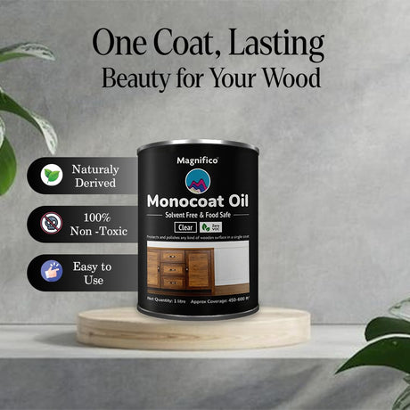 Magnifico® Wood Stain Monocoat Oil 1L (33.8 Oz) - Universal Oil, 100% Non Toxic, 0 VOC Finish for Wood, Leather, Plastics, Metals, Marbles | Interior & Exterior Use Magnifico