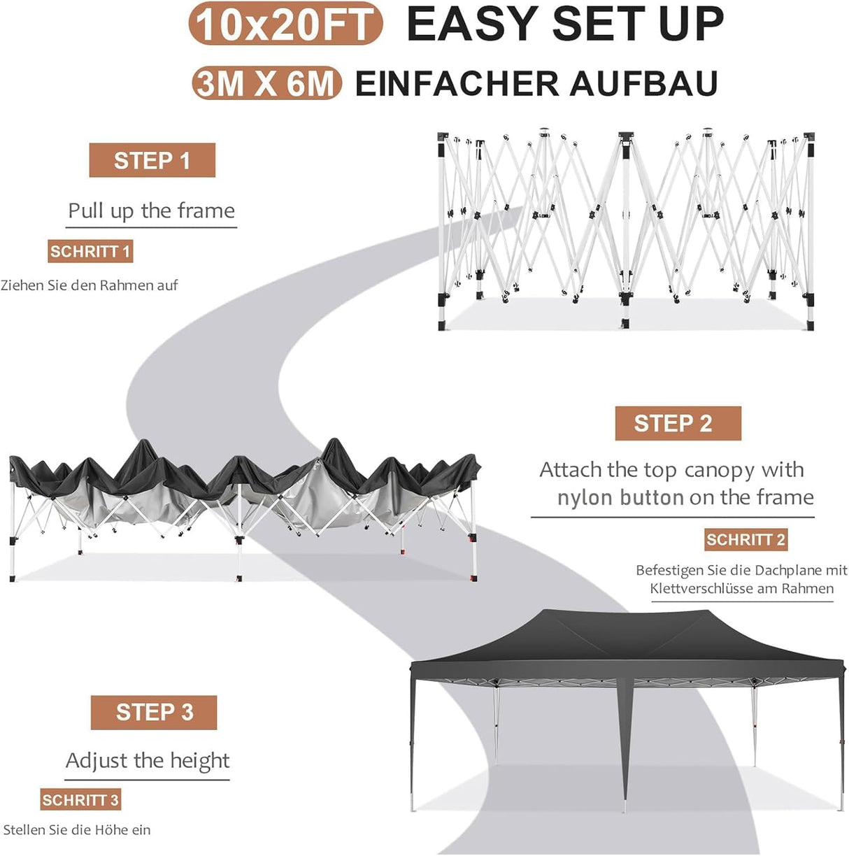 COBIZI 10x20 Pop Up Canopy with 6 Sidewalls,10x20 Canopy Tent Frame Upgraded with 3 Adjustable Heights,Waterproof UV50+ Outdoor Party Commercial Ez Up Gazebos with Carry Bag(10 x 20 ft Black) COBIZI