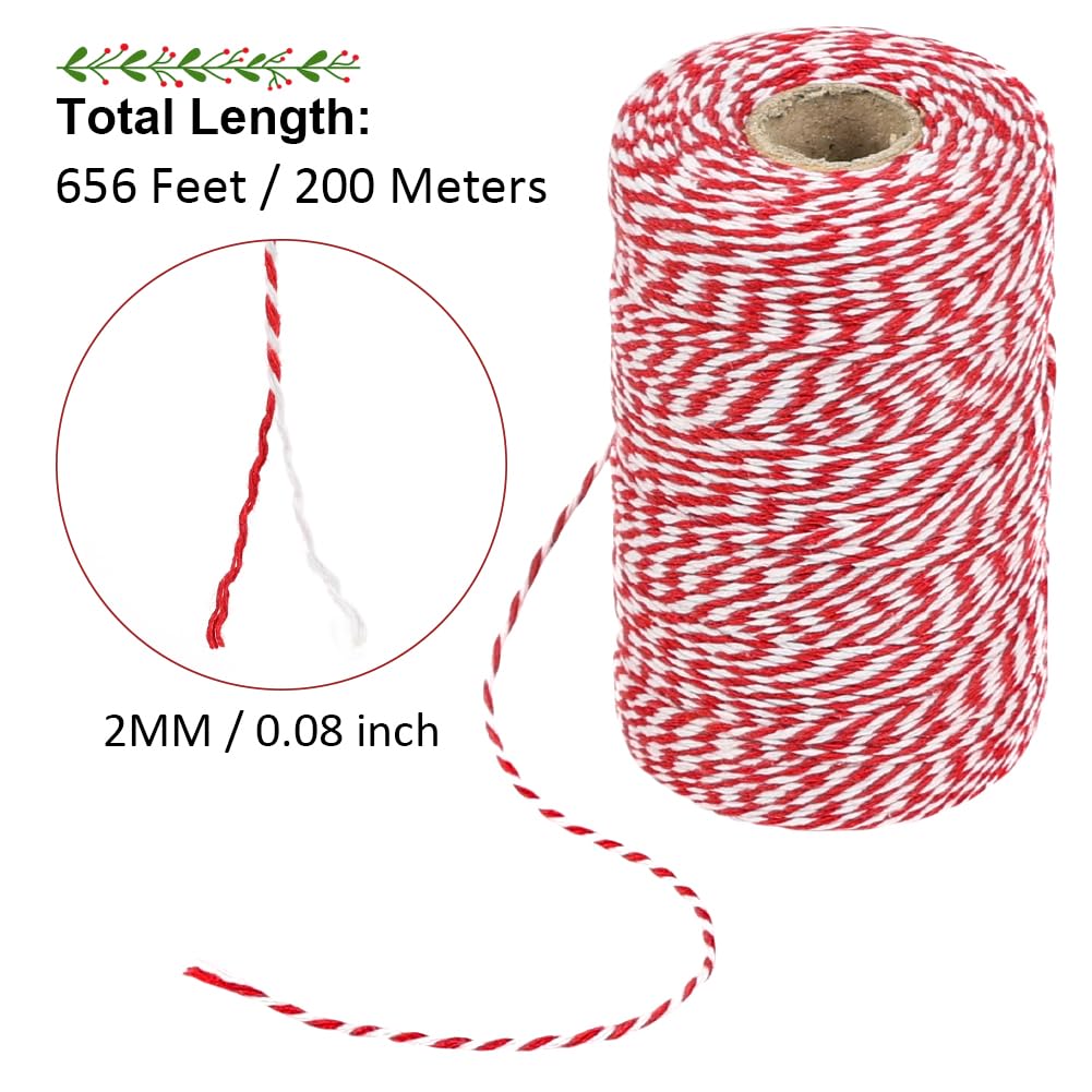 Tenn Well Red and White Twine, 656 Feet 200m Cotton Bakers Twine Ribbon for Baking, Butchers, Crafts, Gift Wrapping, Christmas Holiday Decorations Tenn Well