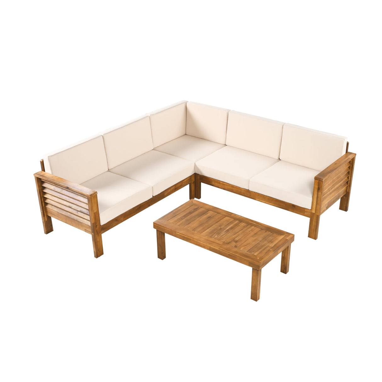 Christopher Knight Home Havets 81.25" Sectional L Shaped Sofa, 4 Pieces Acacia Wood Patio Furniture Set, Slat Coffee Table, Spacious Seat and Table Set for Backyard Garden Balcony, Teak+Beige Christopher Knight Home