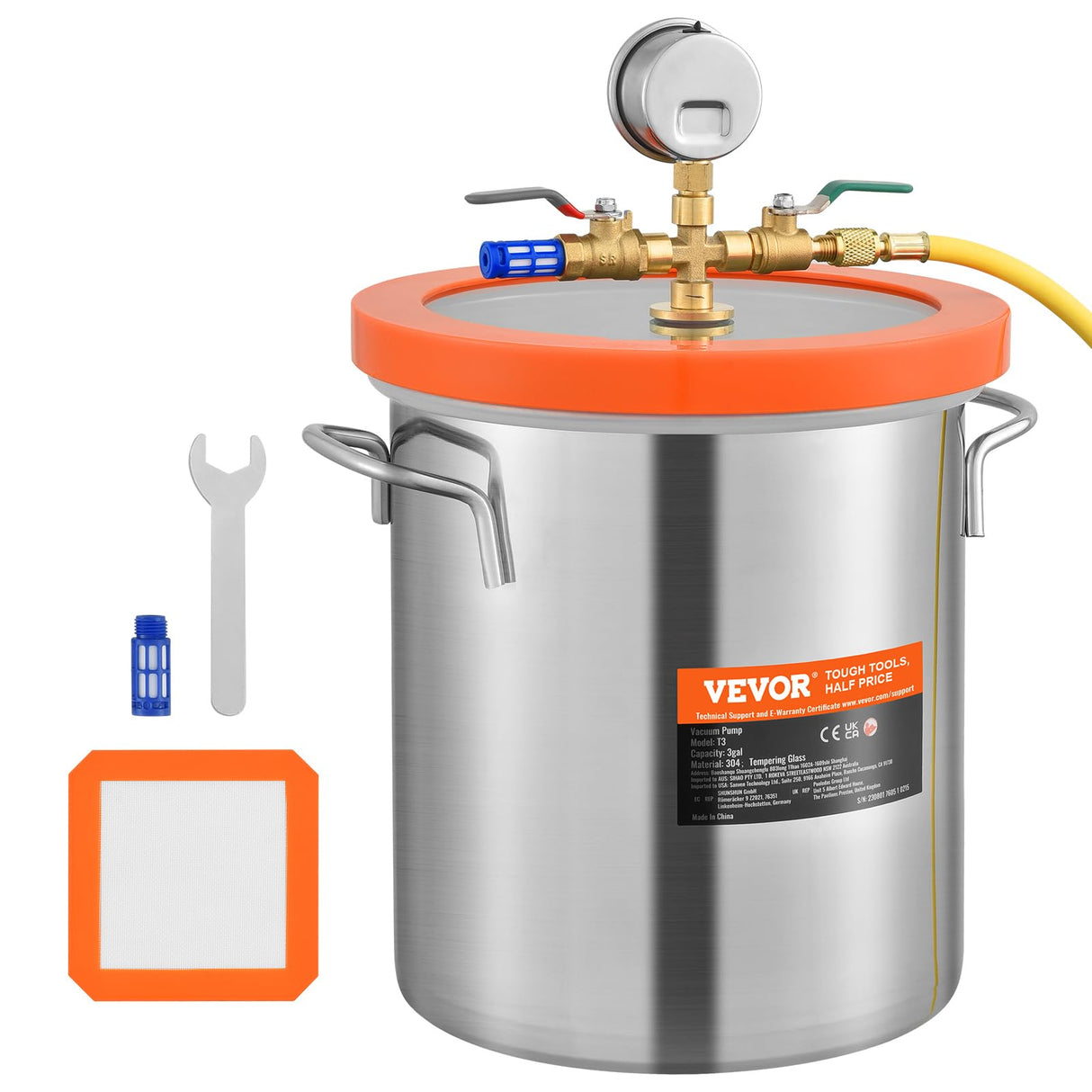 VEVOR 5 Gallon Vacuum Chamber, Upgraded Tempered Glass Lid Vacuum Degassing Chamber, 304 Stainless Steel Chamber, for Stabilizing Wood, Resin Degassing, Silicone Degassing and Plaster Degassing VEVOR