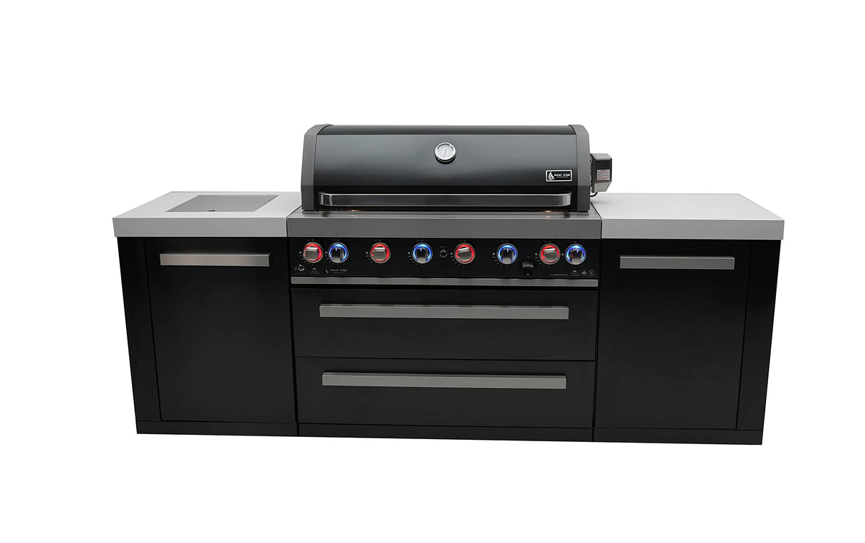 Mont Alpi MAi805-BSS 44-inch 6-Burner 115000 BTU Deluxe Black Stainless Steel Outdoor Kitchen Gas Island Grill w/Infrared Side Burner & Rotisserie Kit Granite Countertop + Storage & Weather Cover Mont Alpi
