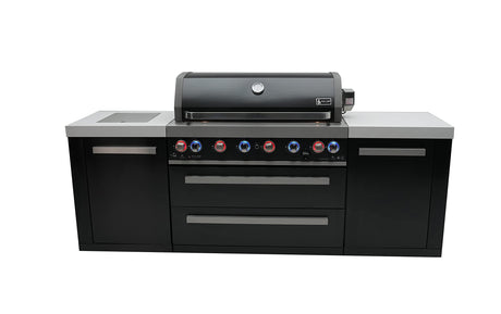 Mont Alpi MAi805-BSS 44-inch 6-Burner 115000 BTU Deluxe Black Stainless Steel Outdoor Kitchen Gas Island Grill w/Infrared Side Burner & Rotisserie Kit Granite Countertop + Storage & Weather Cover Mont Alpi