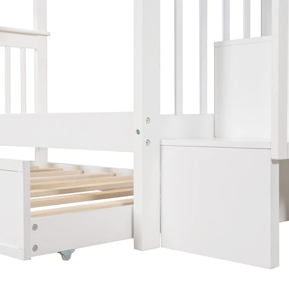 Harper & Bright Designs Twin Bunk Bed with Trundle Bed and Storage Shelf, Twin Over Twin Bunk Bed with Stairs and Guard Rail, Wood Bunk Bed Frame for Kids, Teens, Adults (Twin, White)