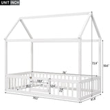 Harper & Bright Designs Twin House Bed with Fence and Door for Kids - White Wash Montessori Floor Bed Harper & Bright Designs
