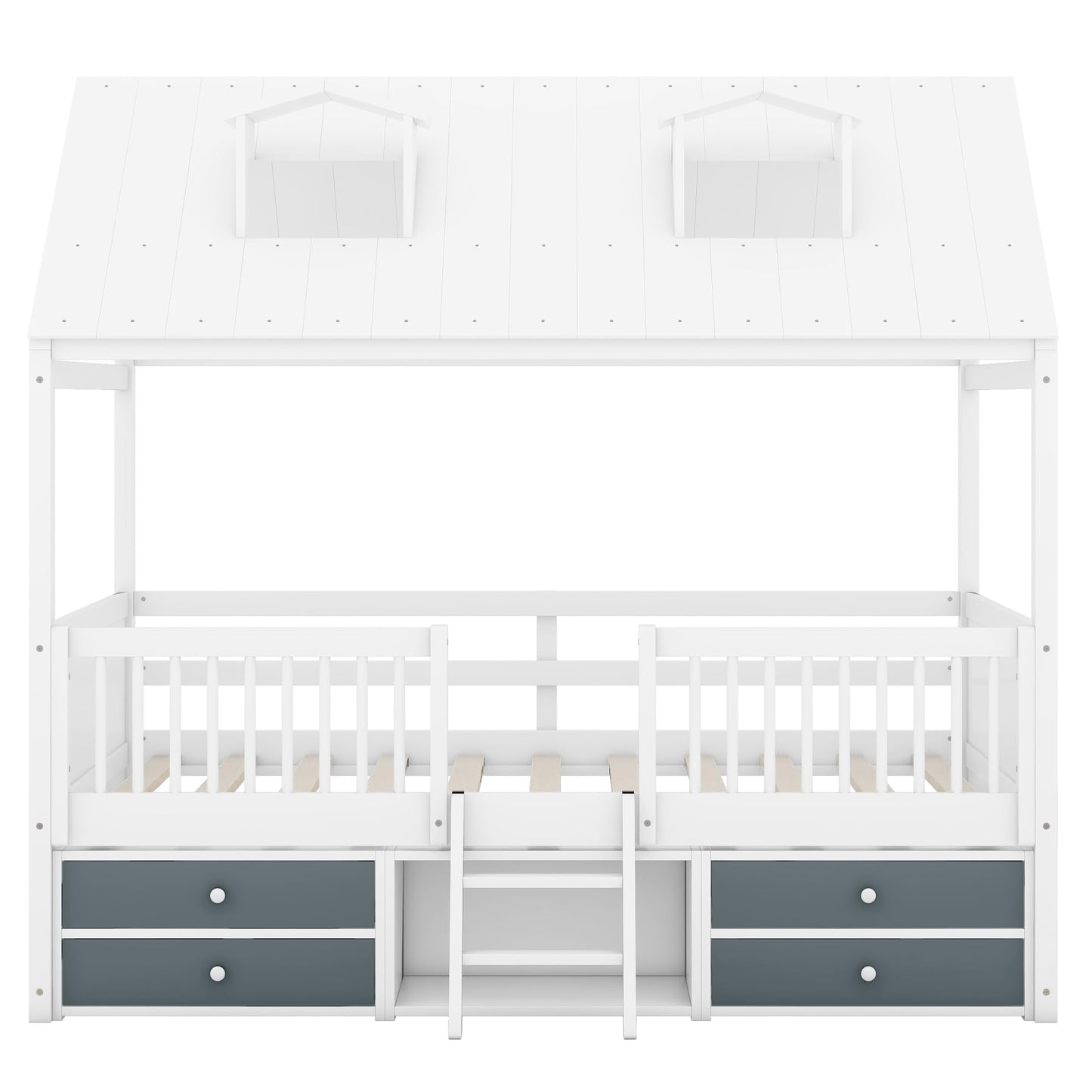 Merax Full Size Montessori House Bed Frame with Roof, Skylights, and Storage Drawers for Kids - WoodArtSupply