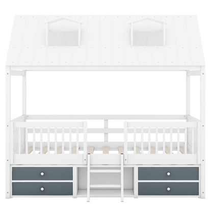 Merax Full Size Montessori House Bed Frame with Roof, Skylights, and Storage Drawers for Kids - WoodArtSupply