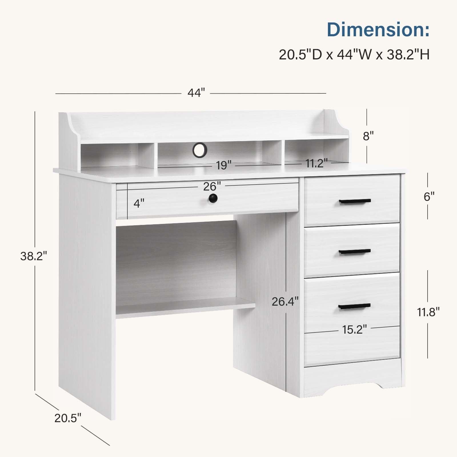 MaverickFurni White Desk with 4 Drawers, Computer Desk with Drawers and Hutch&Shelf, Wood Writing Home Office Workstation, Student Desks for Bedooms with Drawers, 38.2” H x20.5” D x44” W - Wh - WoodArtSupply