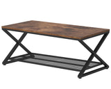 LVB Rustic Coffee Table, Industrial Metal Wood 2 Tier Cocktail Tea Table with Storage for Living Room, Farmhouse Wooden Rectangle Center Table with Mesh Shelf for Office Bedroom, 39 inch, Rustic Brown LVB