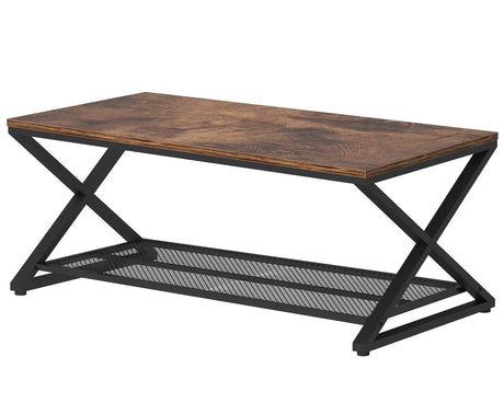 LVB Rustic Coffee Table, Industrial Metal Wood 2 Tier Cocktail Tea Table with Storage for Living Room, Farmhouse Wooden Rectangle Center Table with Mesh Shelf for Office Bedroom, 39 inch, Rustic Brown LVB