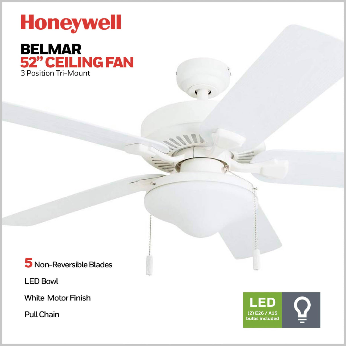 Honeywell Ceiling Fans Belmar 52 Inch Ceiling Fan Without Light, Outdoor Ceiling Fan with Pull Chain, Tri-Mount Traditional 5 Blade Design, ETL Wet Rated, White (50198-01) Honeywell Ceiling Fans