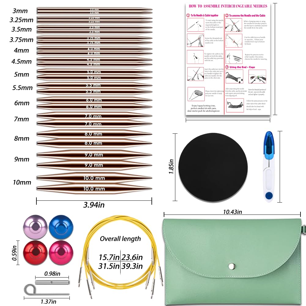 Lewhoo Circular Knitting Needles Set, 13 Pairs Interchangeable Aluminum Round Circular Needle for Knitting with Bag 3.0~10.mm Lewhoo