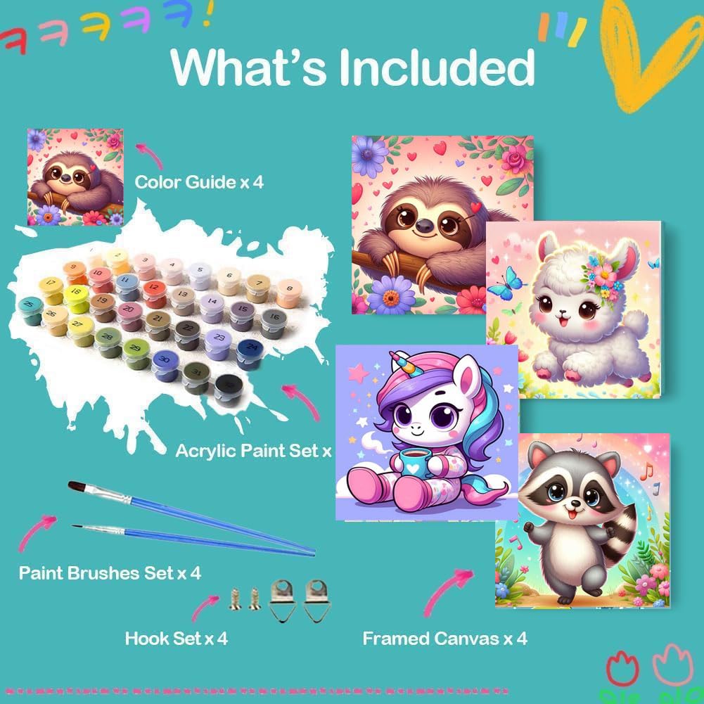 CraftyTime 4 Pack Framed Paint by Number for Kids Age 8-12 Kids, Cute Animals Paint by Numbers Kit for Beginners,Easy Acrylic Paint by Numbers Canvas Arts and Crafts for Wall Decor Gift 8x8in CraftyTime