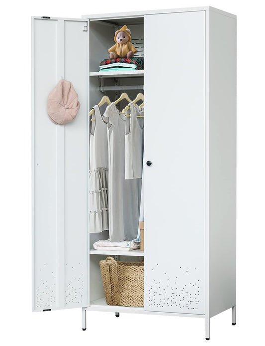 YEEZER Metal Wardrobe, Storage Cabinet with Hanging Rod，Armoire with Magnetic Door and 2 Freely Adjustable Shelves 74" H x 31.5" W x 20" D (White)