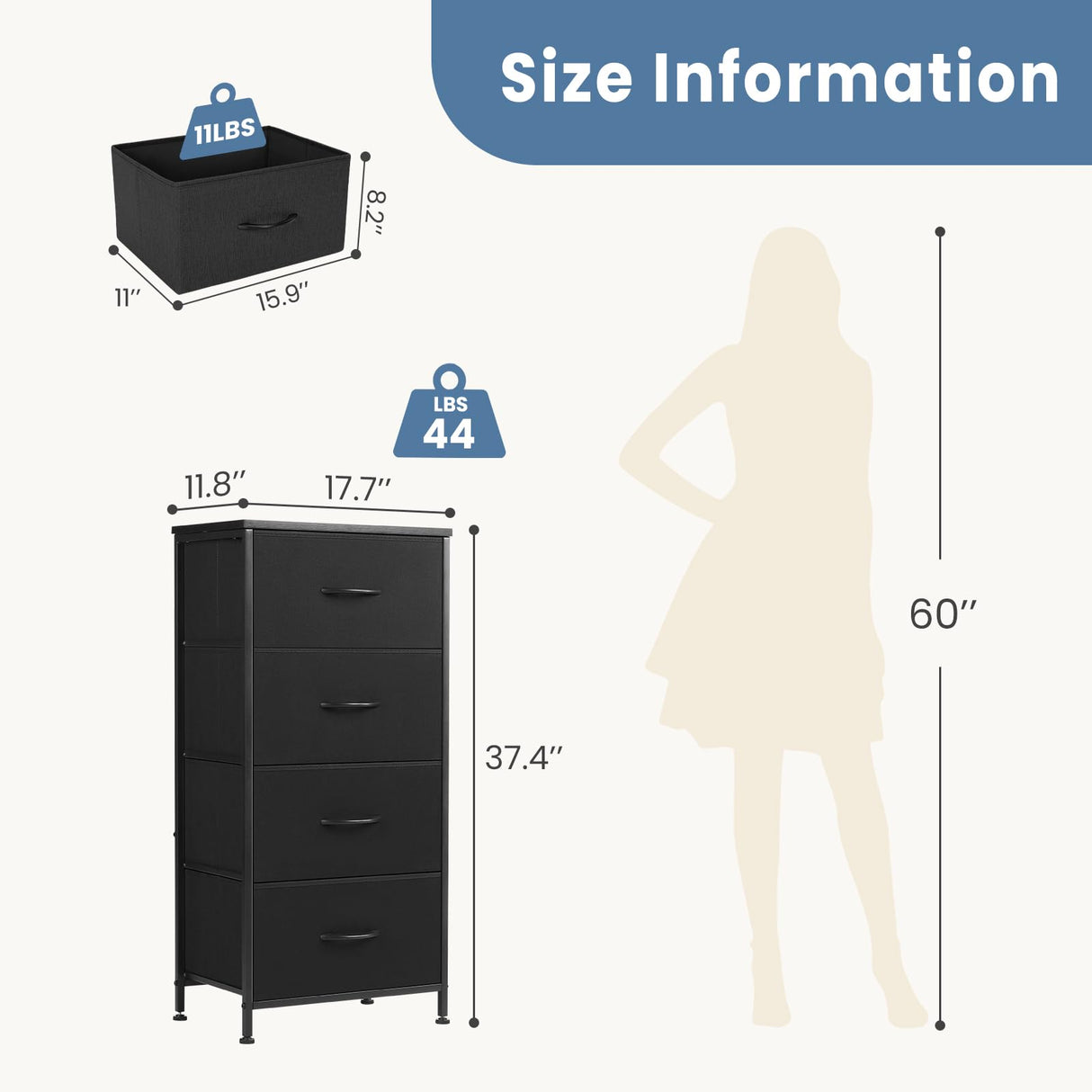 DUMOS 4 Drawers Dresser for Bedroom, Chest of Drawers, Closet Storage with 4 Drawers, Cloth Dresser Clothes Organizers Tower with Fabric Bins, Metal Frame, Wood Tabletop DUMOS