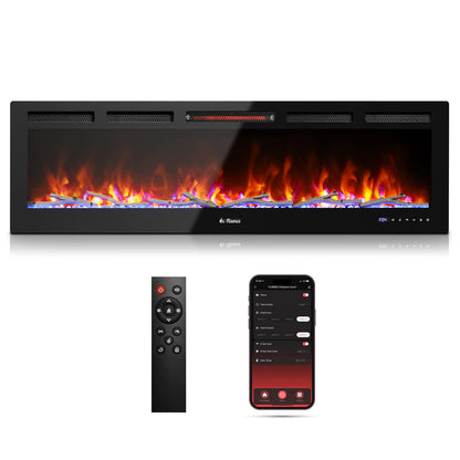 TURBRO 60” Smart WiFi Infrared Electric Fireplace with Sound Crackling and Realistic Flame, 1500W Quartz Heater, Recessed or Wall Mounted, Adjustable Flame Effects, Remote Control and App, in Flames