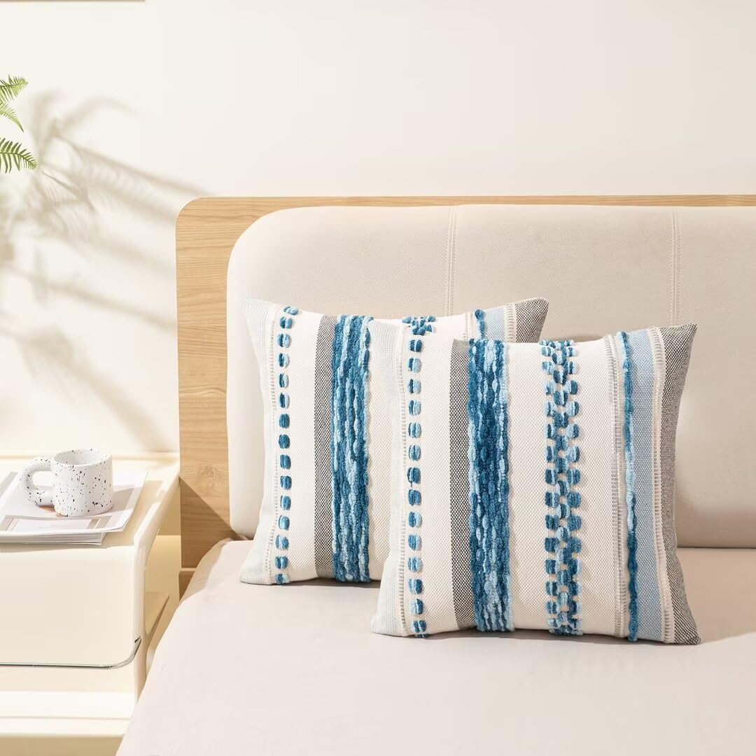 WANLIRD Boho Throw Pillow Covers 18x18 Set of 2 Farmhouse Decorative Cushion Case Striped Square Pillows Cover Chenille Pillow Cases Accent Neutral Pillowcase for Sofa Couch Bed,Sky Blue WANLIRD