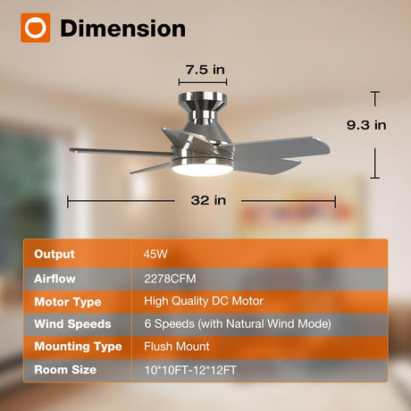 addlon Ceiling Fans with Lights, 32 inch Low Profile Ceiling Fan with Light and Remote Control, Flush Mount, Reversible, 3CCT, Dimmable, Quiet, Nickel Small Ceiling Fan for Bedroom Indoor/Outdoor Use addlon