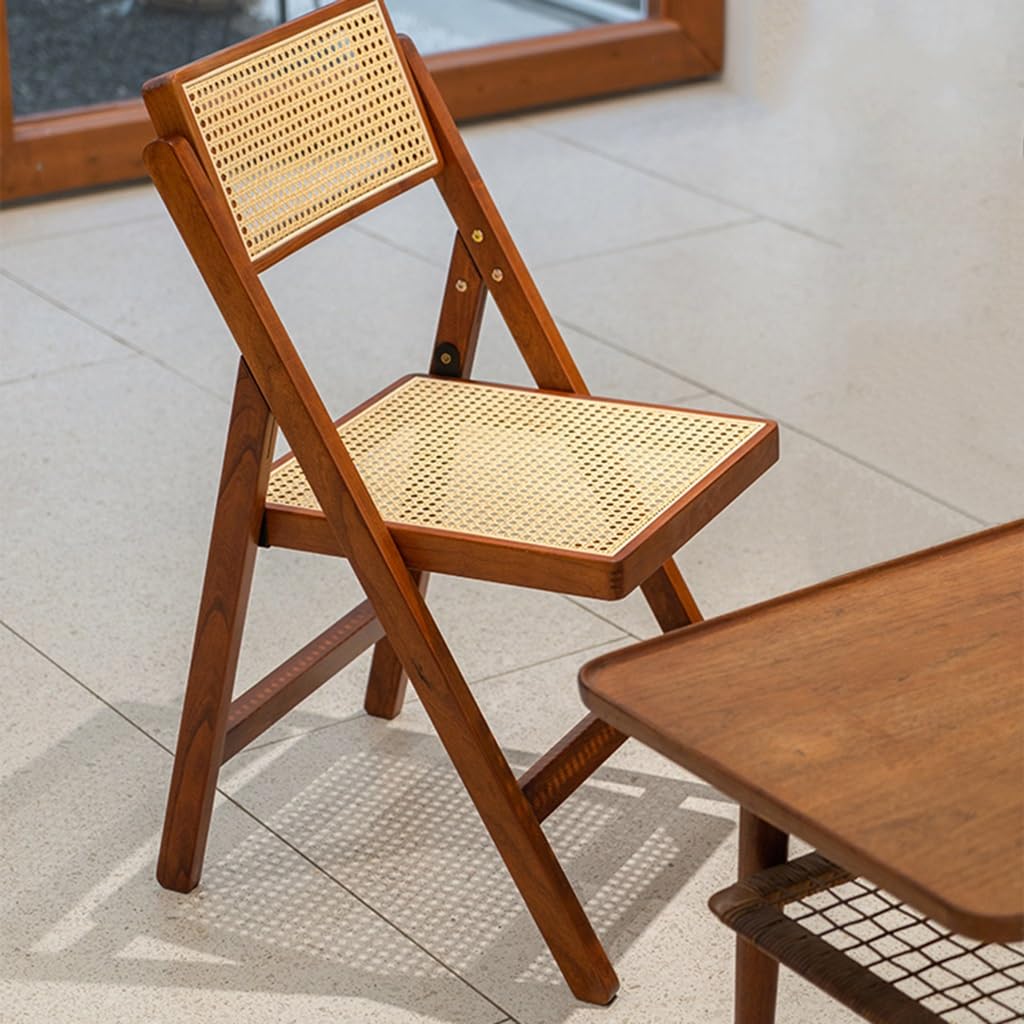 Wooden Retro Folding Chairs, Stackable Dining Chairs with Rattan Woven Seat and Back, Leisure Handmade Dining Chair for Living Room Bedroom Garden Balcony (Color : Style 1) - WoodArtSupply