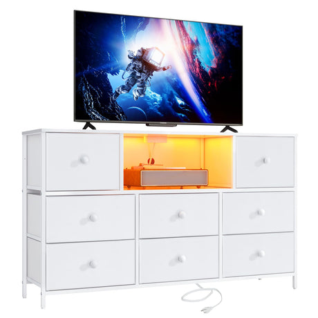 LYNCOHOME White Dresser with Power Outlets and LED Lights, 43" W Dresser TV Stand with 8 Drawers, Fabric Chest of Drawers for Bedroom, Living Room, Entryway LYNCOHOME