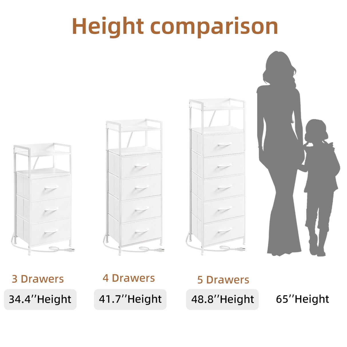 Somdot White Nightstand with Charging Station and LED Light for Bedroom, Tall 3 Drawers Dresser with Fabric Bins for Bedside Kids Dorm Room Closet Laundry Entryway, White Leather Somdot