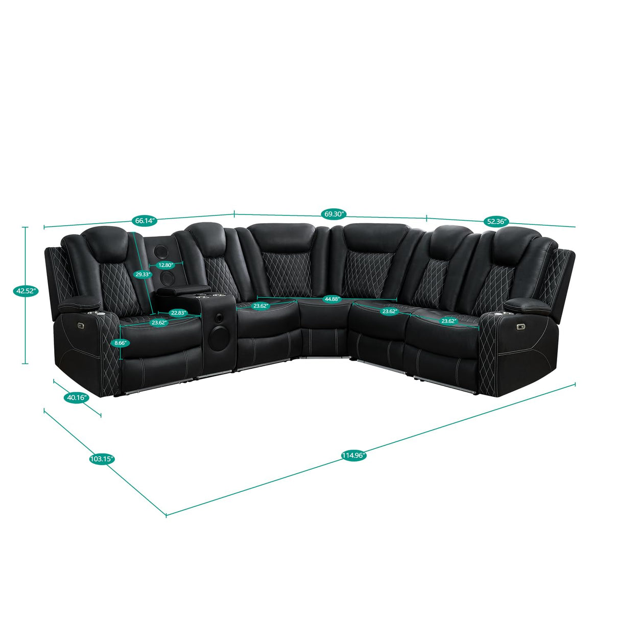 Naomi Home Chicago Luxury DIY Theater Sofa Set – Power Reclining Home Theater Seating with Adjustable Headrests, LED Lights, Bluetooth Speaker, Wireless Charging, USB & AUX Ports - Black Naomi Home