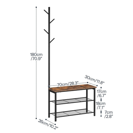 HOOBRO Coat Rack Shoe Bench, 3-Tier Shoe Rack, Industrial Shoe Organizer Storage Bench, Entry Bench with Mesh Shelves, for Entryway, Living Room, Hallway, Easy Assembly, Rustic Brown BF12HX01 HOOBRO