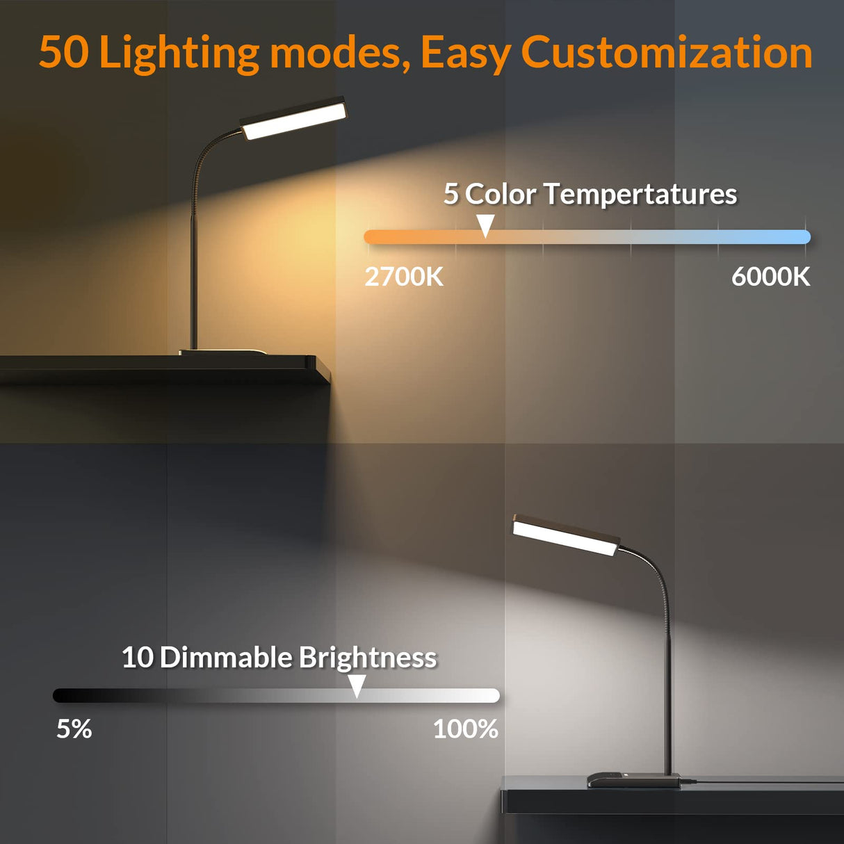 LEPOWER Desk Lamp, 800LM LED Desk Lamp for Home Office, 12W Reading Lamp for Desk, Eye-Caring Light, Touch Table Lamp, Gooseneck Lamp, 50 Lighting Modes, Bright Desk Lamps for Bedroom, Study (Black) LEPOWER