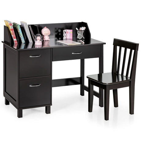 HONEY JOY Kids Desk and Chair Set, Wooden Children School Study Table and Chair w/Drawer, Storage Shelf & Cabinets, Student Computer Workstation Writing Desk for Bedroom, 3-8 Years Old (Dark Brown) HONEY JOY