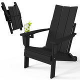 Folding Adirondack Chair with Cup Holder, Poly Lumber Patio Chairs, Wood Texture, Pre-Assembled Weather Resistant Outdoor Chairs for Pool, Deck, Backyard, Garden, Fire Pit Seating, Black POLYDUN