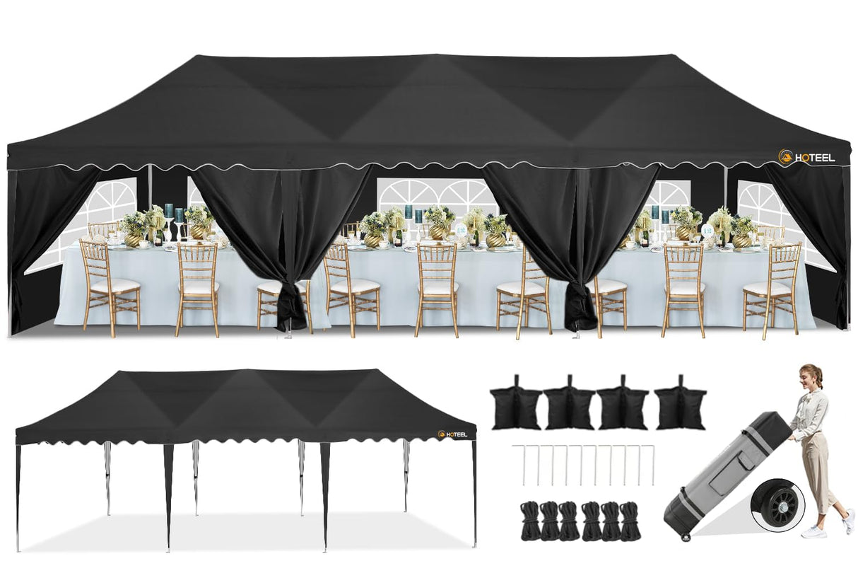 HOTEEL 10x30 Canopy Tent with Walls 10x30 Party Tent, Waterproof Easy Setup Canopy Tent 10x30 with Roller Bag and Weight Bags, Outdoor Pop Up Canopy Tent for Parties,Events,Backyard,Wedding, Black Hoteel