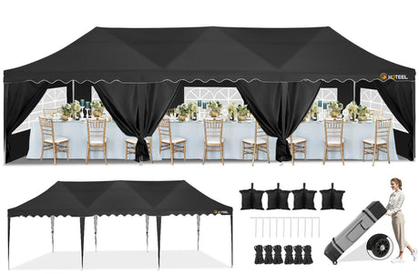 HOTEEL 10x30 Canopy Tent with Walls 10x30 Party Tent, Waterproof Easy Setup Canopy Tent 10x30 with Roller Bag and Weight Bags, Outdoor Pop Up Canopy Tent for Parties,Events,Backyard,Wedding, Black Hoteel