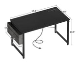 ODK Computer Desk - 48 Inch Office Writing Desk for Home, Student Study Desk with Storage Bag, Headphone Hook & Power Outlets, Modern Simple Table for Bedroom, Black ODK