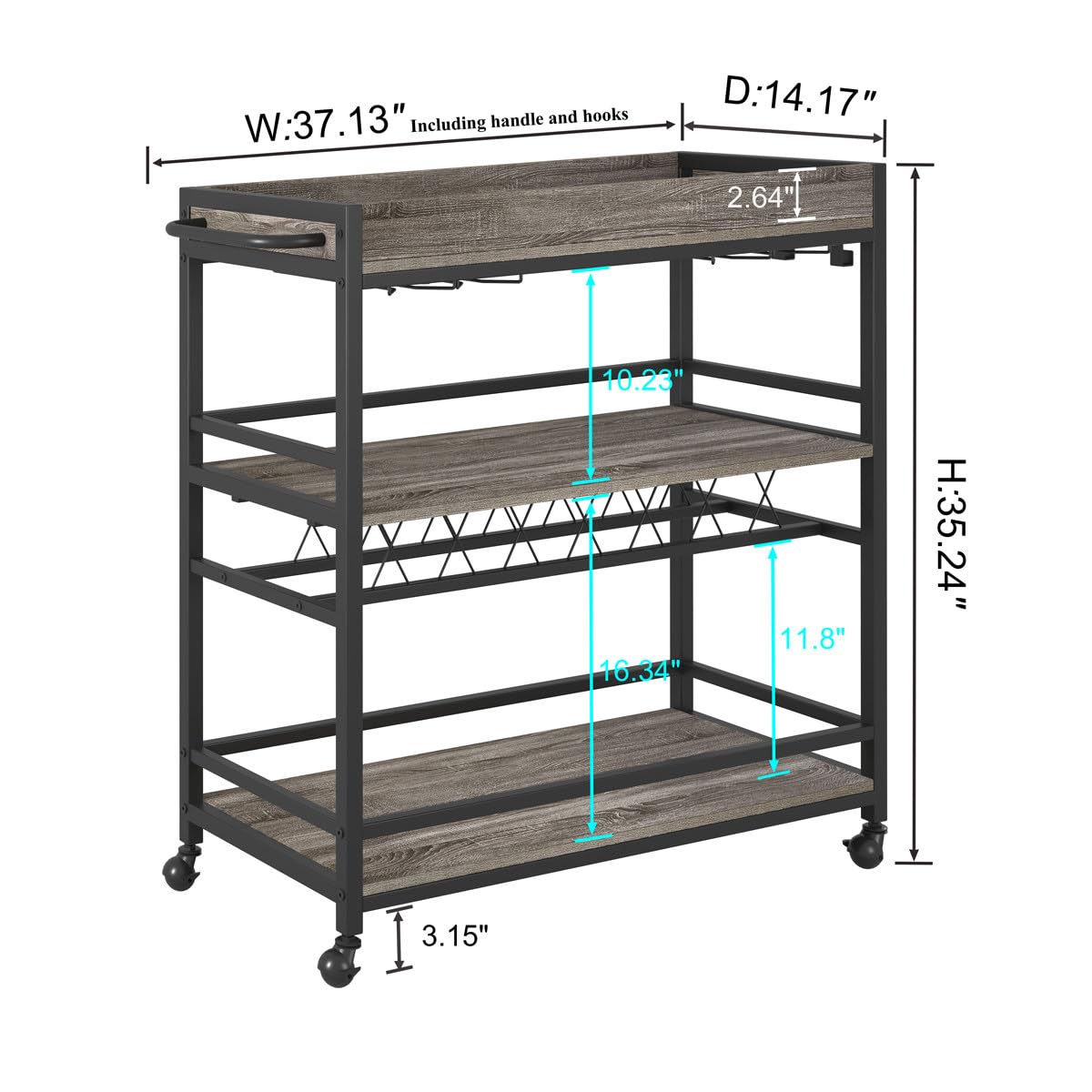 BON AUGURE Bar Cart, Home Bar Serving Cart on Wheels, Mobile 3 Tier Liquor Beverage Cart with Wine Rack and Glass Holder, Grey Oak - WoodArtSupply