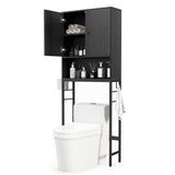 Tangkula Over The Toilet Storage Cabinet, Bathroom Space Saver with 2 Doors, Adjustable Shelf, 2 Side Hooks, Metal Stand, Freestanding Above Toilet Storage Cabinet for Restroom, Laundry (Black) Tangkula