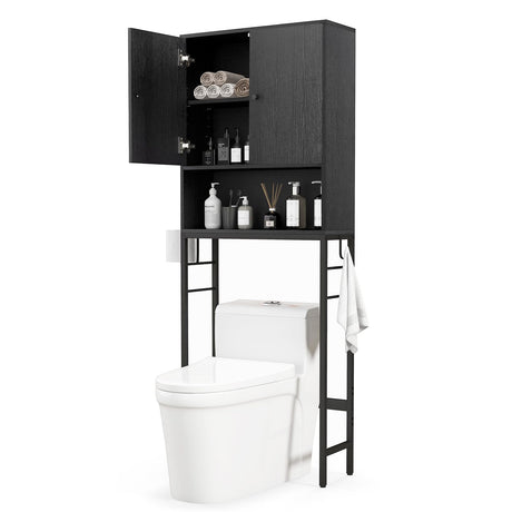 Tangkula Over The Toilet Storage Cabinet, Bathroom Space Saver with 2 Doors, Adjustable Shelf, 2 Side Hooks, Metal Stand, Freestanding Above Toilet Storage Cabinet for Restroom, Laundry (Black) Tangkula