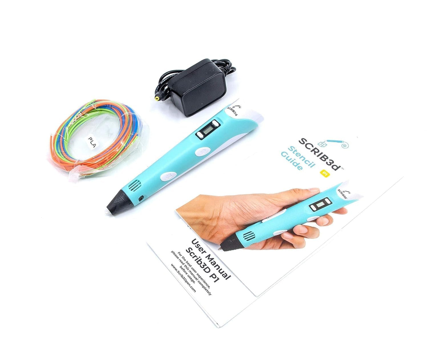 SCRIB3D P1 3D Printing Pen with Display - Includes 3D Pen, 3 Starter Colors of PLA Filament, Stencil Book + Project Guide, and Charger - WoodArtSupply