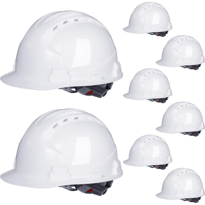 Leumoi 8 Pieces 4 Pt. Suspension Hard Hat Bulk Safety Helmets Adjustable Ratchet Hard Hats with Vents and Cotton Brow Pad ABS Construction Hardhats for Men Work Head Protection Supplies (White)