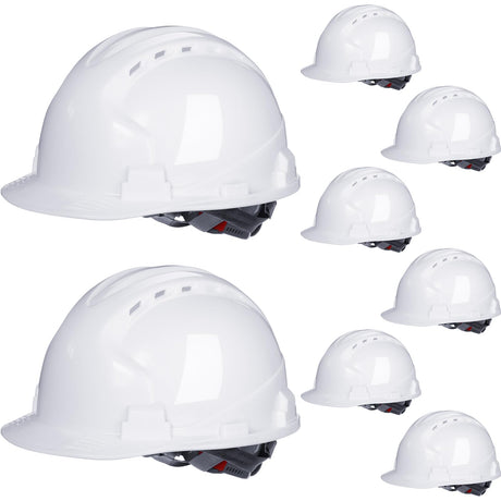 Leumoi 8 Pieces 4 Pt. Suspension Hard Hat Bulk Safety Helmets Adjustable Ratchet Hard Hats with Vents and Cotton Brow Pad ABS Construction Hardhats for Men Work Head Protection Supplies (White) Leumoi