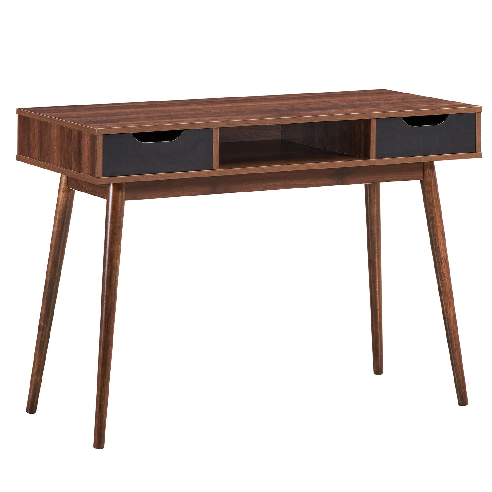 Tangkula Mid Century Desk with Drawers, Modern Writing Study Desk, Home Office Desk Computer Desk with Solid Wood Legs & Open Shelf, Study Workstation Multifunctional Vanity Table Desk for Be - WoodArtSupply