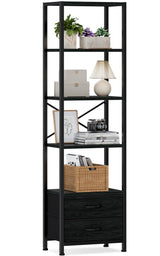 Furnulem 5-Tier Corner Shelf, Narrow Bookshelf with 2 Storage Drawers, 65.16" Tall Bookcase, Standing Shelf Organizer Unit for Living Room, Bedroom, Metal Frame, Wood Display Shelf(Black Oak) Furnulem