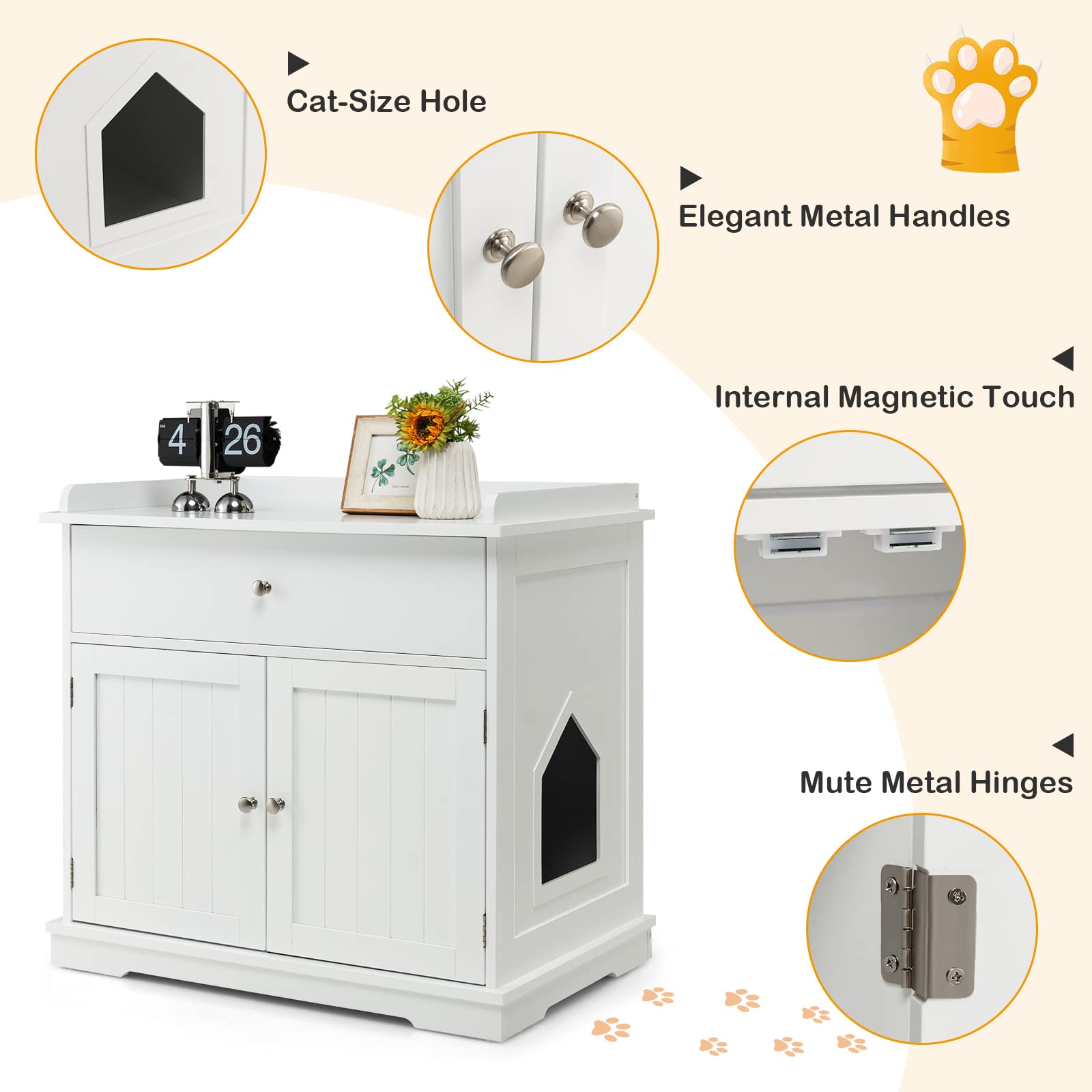 Tangkula Litter Box Enclosure, Cat Litter Box Furniture Hidden with Large Drawer, 2 Doors, Indoor Cat Washroom Storage Bench Side Table Cat House, Large Wooden Enclosed Litter Box Cabinet (Wh - WoodArtSupply